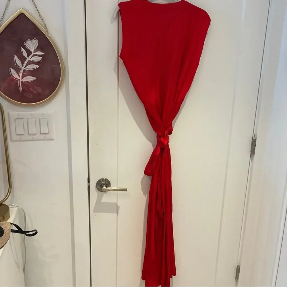 Zara Red Satin Sleeveless Maxi Wrap Dress Sz Medium - Picture 3 of 8